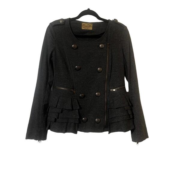 Deja Vu Jacket S Gray Military Ruffled Hem Edgy Chic - Picture 2 of 7